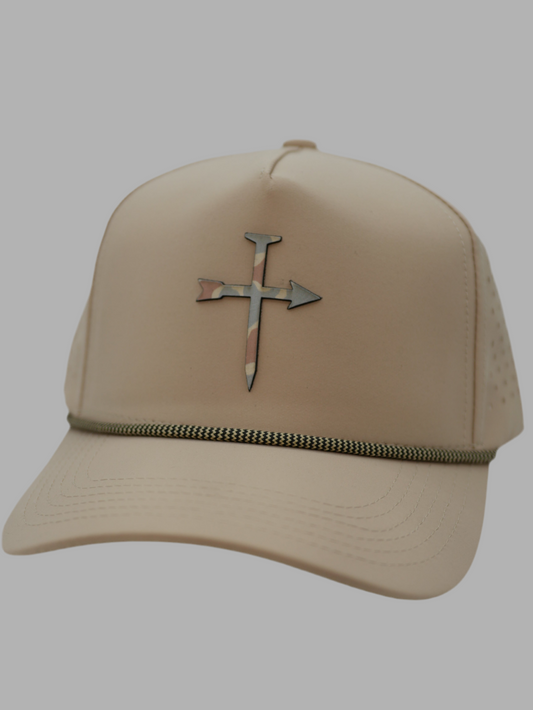Lead Me Cross Camo Patch | 5 panel Tan Snapback