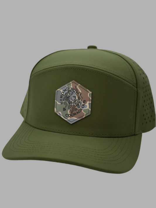 Strong & Courageous | 7 Panel Olive Green snapback Hat.